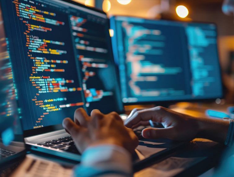 A man using a laptop, coding and programming for progress